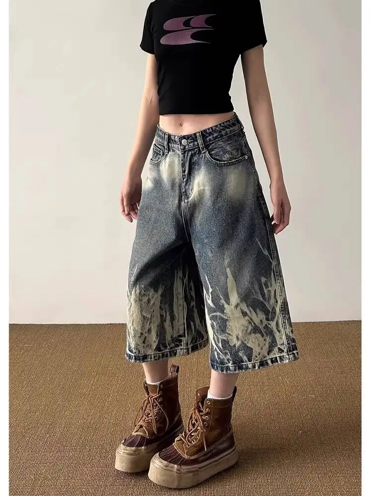 

Unisex Jeans Cropped Pants Men Women Vintage Tie Dye Denim Capri Pants 2026 Spring Summer Fashion Loose Wide Leg Casual Shorts