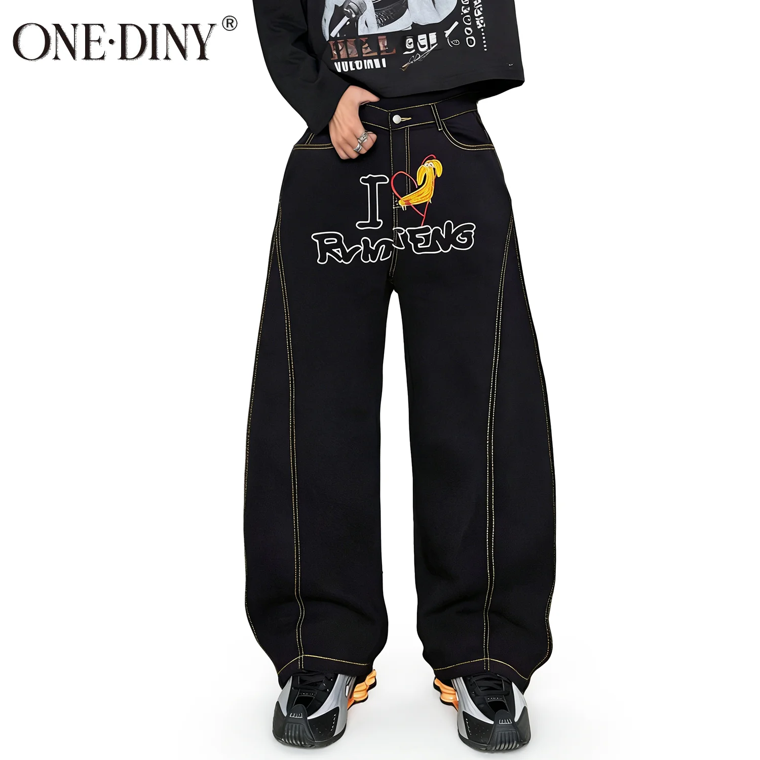 ONE·DINY American Retro Black Men's Women's Ultra Baggy Wide Leg Jeans Street Embroidery Split Denim Pants Mopping Pants ﻿