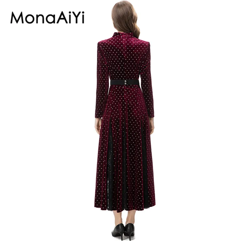 MonaAiYi-Robe rétro violette décontractée pour femme, col semi-ouvert, manches longues, ceinture à paillettes, créateur de mode, nouveau