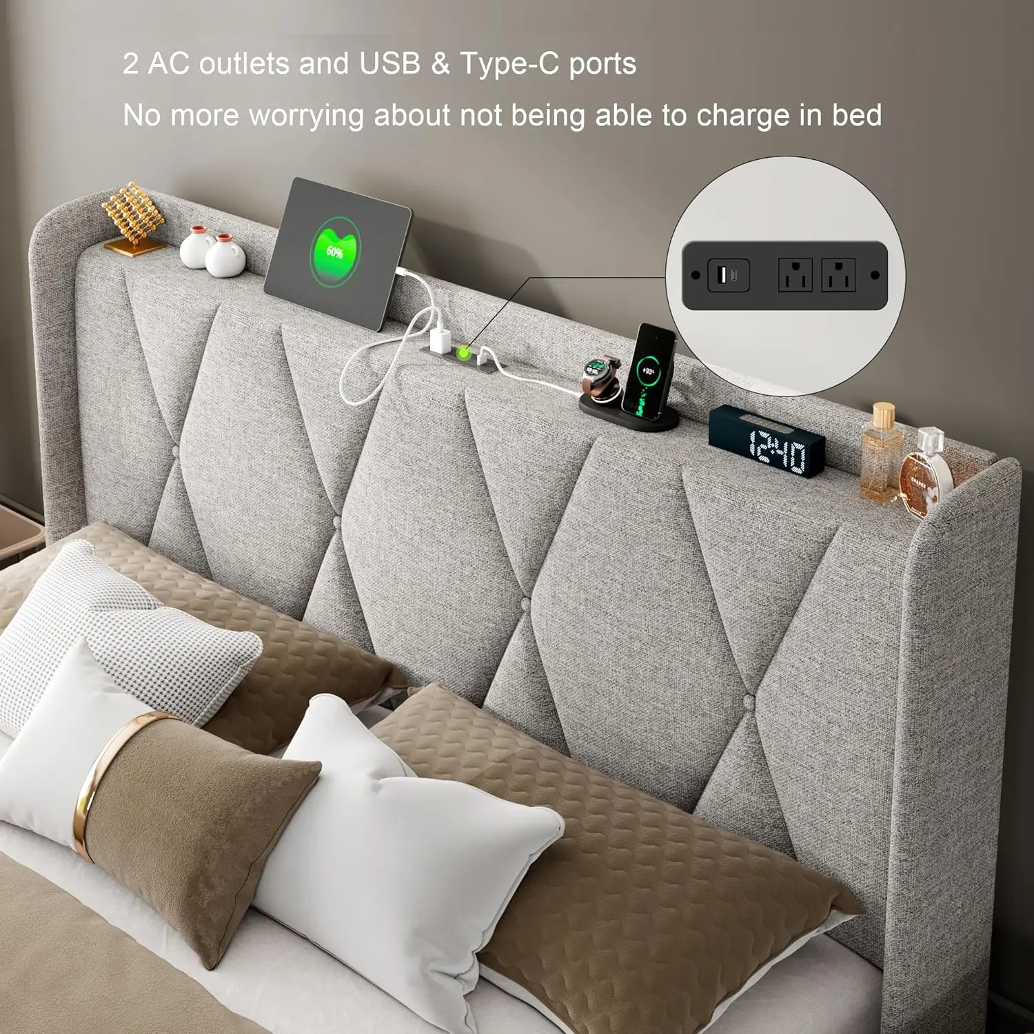 Bed Frame with Storage Drawers,Upholstered Button Tufted Headboard,Heavy Duty Slats Support, No Box Spring Needed, Noise-Free