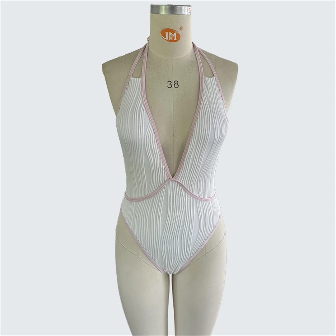 S - XXL, Badeanzug mit tiefem V-Ausschnitt und Raffungen, einteiliger Badeanzug für Damen, rückenfreier Monokini-Badeanzug, Badebekleidung, Modell V7834. – Detail 8