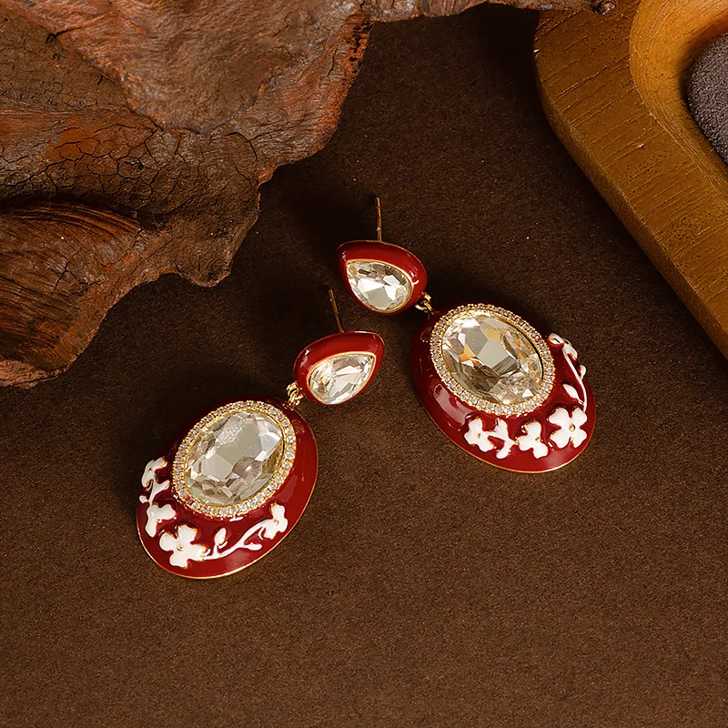 

French retro red silver needle earrings inlaid with zircon drip oil enamel color premium earrings