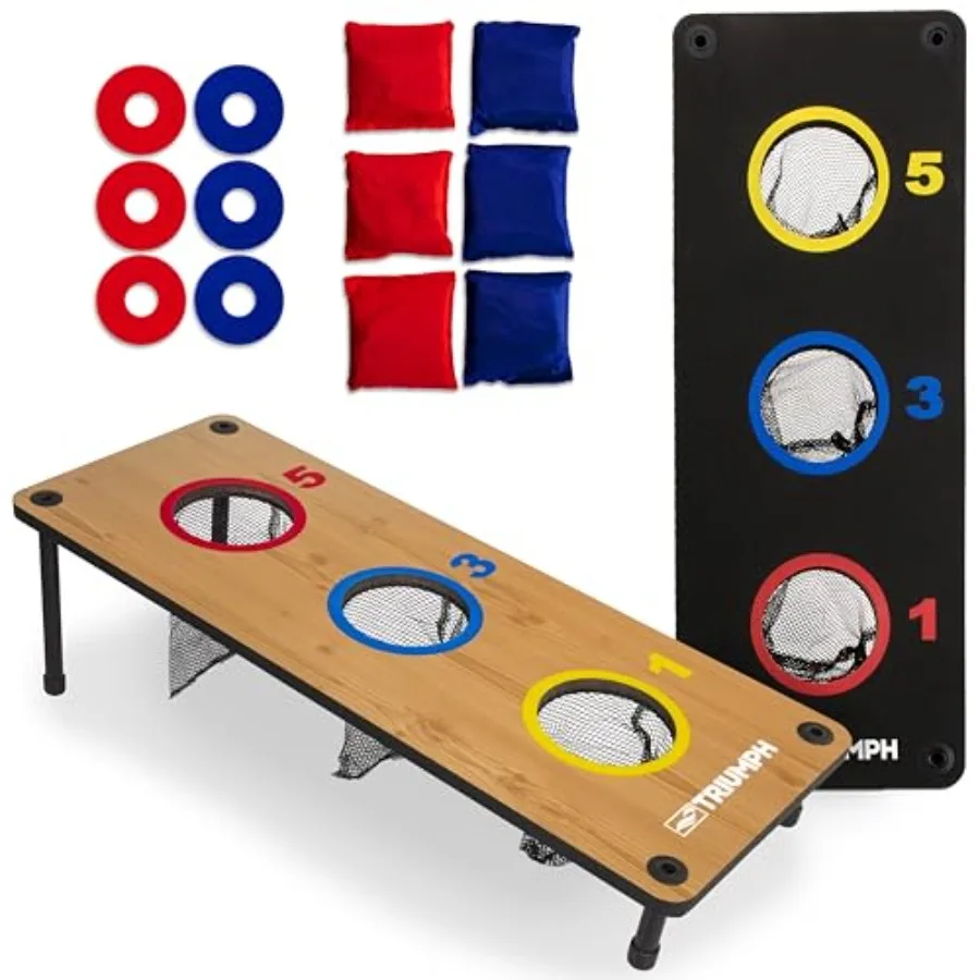 

Triumph 2-in-1 3-Hole Bag Toss and Washer Toss Combo Game Compact Dual-Play Boards with Built-in Scoring Bean Bags Washers and