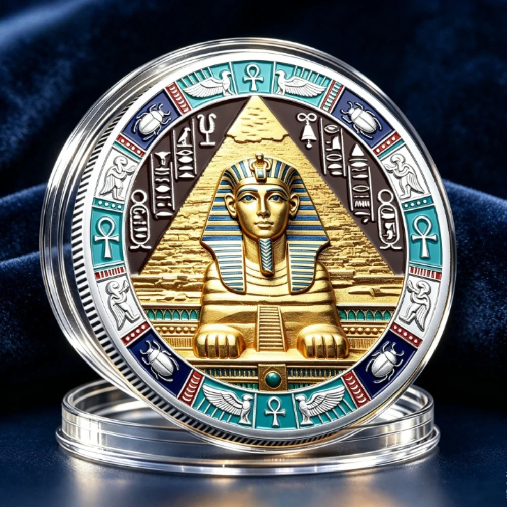 Ancient Egypt Lion-Faced Human-Head Statue Commemorative Coin with Horus Eye Carving Silvery Plated Collection Coin