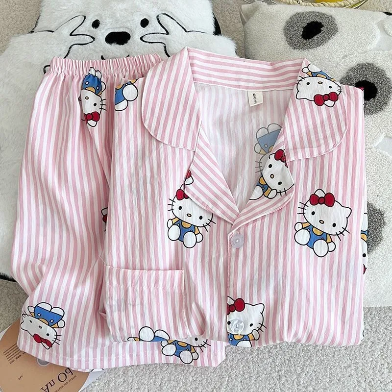 طقم بيجامات نسائي كارتون سانريو هالو كيتي شورت قصير الأكمام صيفي وردي أبيض مخطط ملابس منزلية بدلة نوم للطلاب