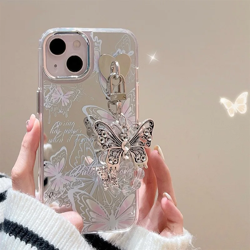 Butterfly Mirror Hanging Phone Case  for IPhone 15 11 13 12 14 Pro Max X XS XR 7 8 Plus SE 2020 Plating Soft Protective Cover