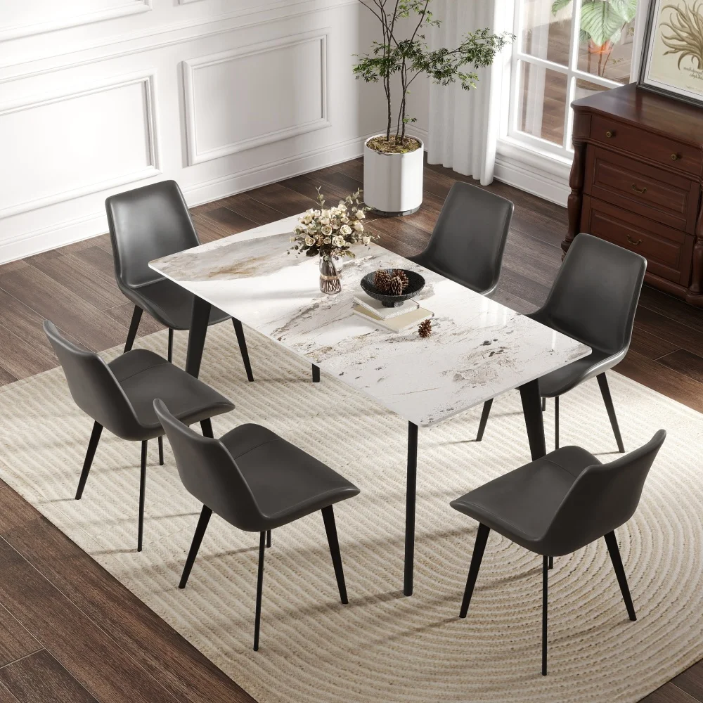 63 Inch Dining Table for 6, Modern White Pandora Stone Top Table with Black Metal Legs, Rectangular Kitchen Table for Dining Room, Table Only