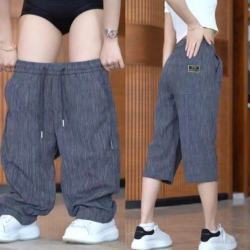 

Cheap Ice Silk Seven-Quarter Casual orts for Men mid Waist Straight Leg Harem Pants Summer Faion Trendy Striped Pattern