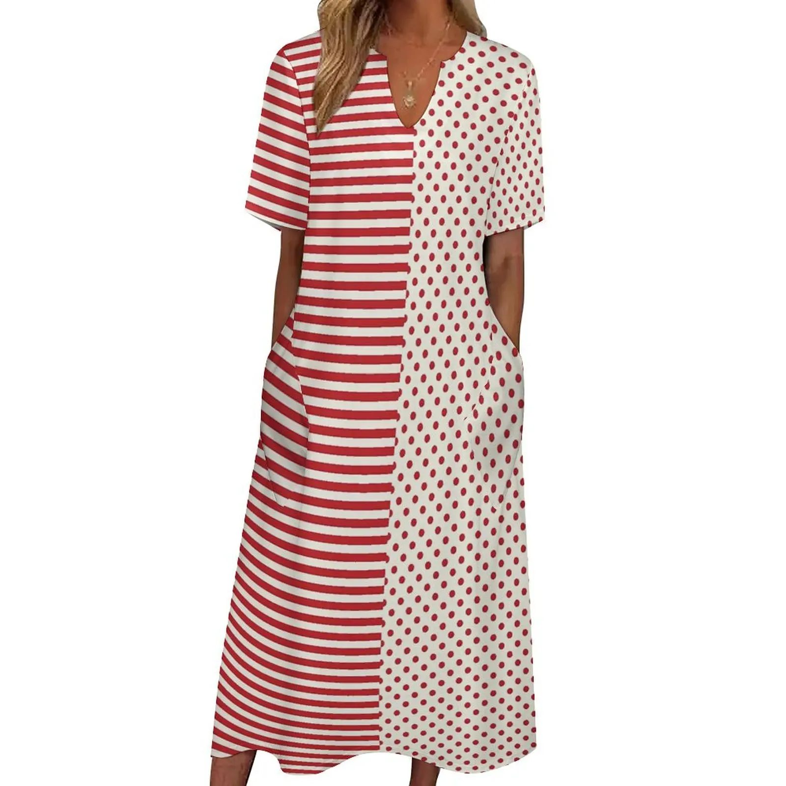 

Striped Polka Dot Dress Two Tone Elegant Maxi Dress Aesthetic Casual Long Dresses Summer V Neck Print Vestidos Big Size 4XL 5XL