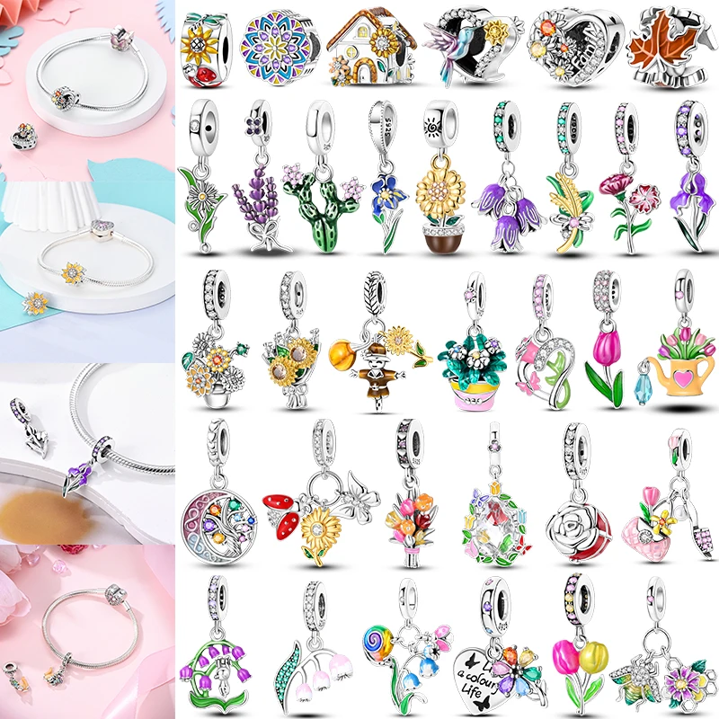 

2026 Yellow Sunflowers Heart Rose Flower Charm 925 Sterling Silver for Women Fit Original Bracelets DIY Jewelry Anniversary Gift