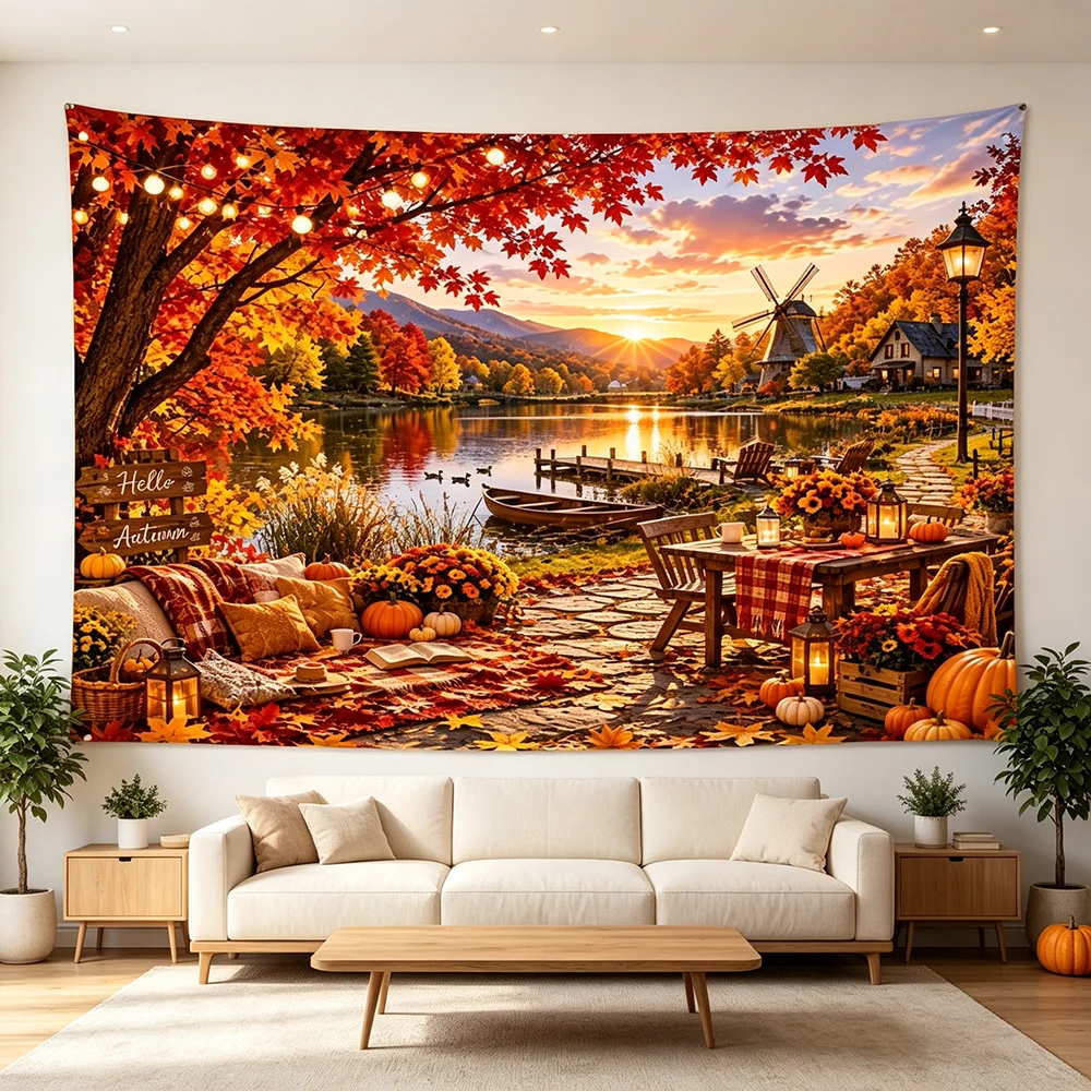 1PC Thanksgiving Fall Lake Windmill Pumpkin Sunset Print Backdrop Banner, Bedroom Photo Background, Polyester, Home Decor