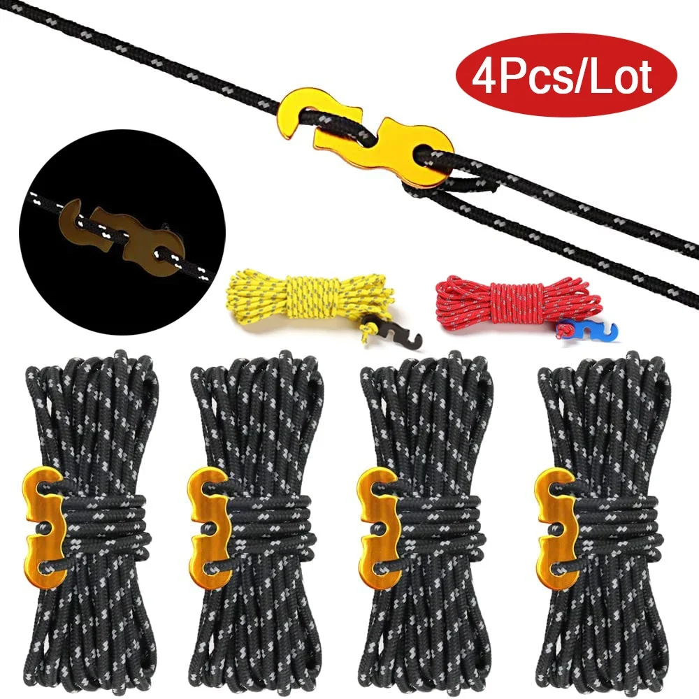 

4 шт., шнуры для палаток на открытом воздухе, светоотражающая веревка для кемпинга с алюминиевыми направляющими, регулятор натяжителя, чехол для навеса для брезента для палатки