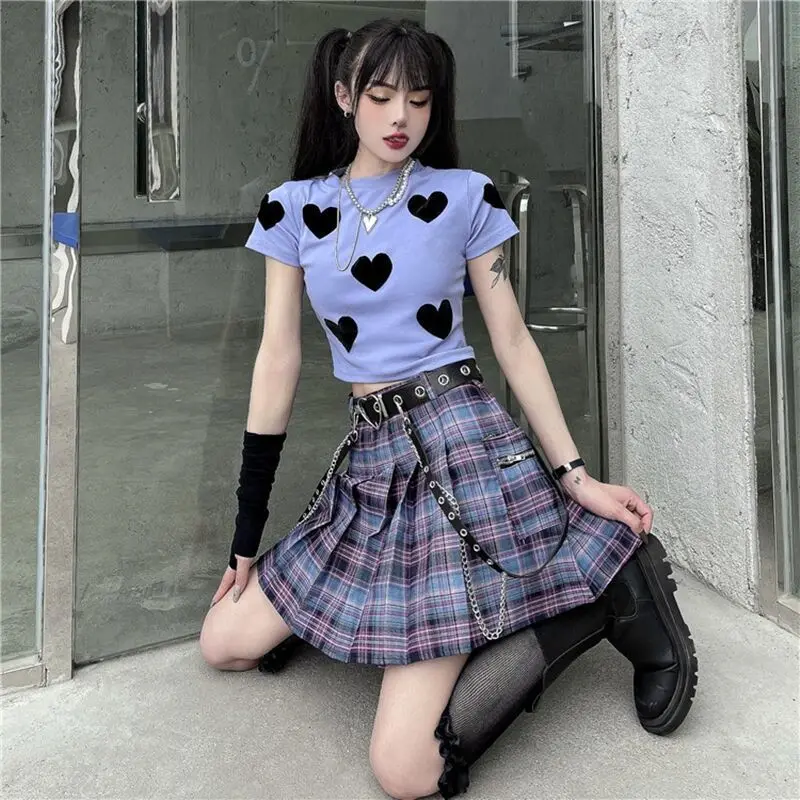 Free Belt Pleated Skirt Harajuku Plaid Women High Waist Mini Tennis Pocket A-line Streetwear Vintage Gothic Korean Fashion