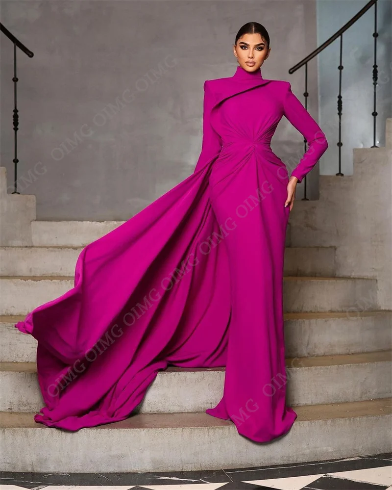 OIMG Fuachia Mermaid Long Evening Dress High Neck Prom Gown Full Sleeves Long Saudi Arabic Eveing Party Gown Vestidos Customized