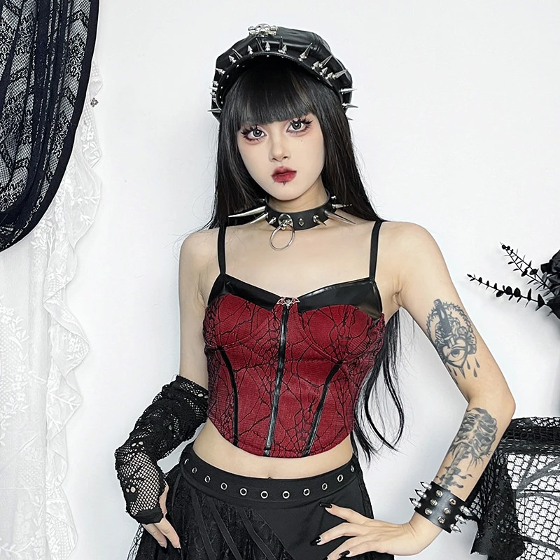 

2024 90s Gothic Punk Red Camis Women Streetwear Harajuku Spiderweb Patchwork Crop Tank Tops Emo Alternative Grunge Rave Outfits