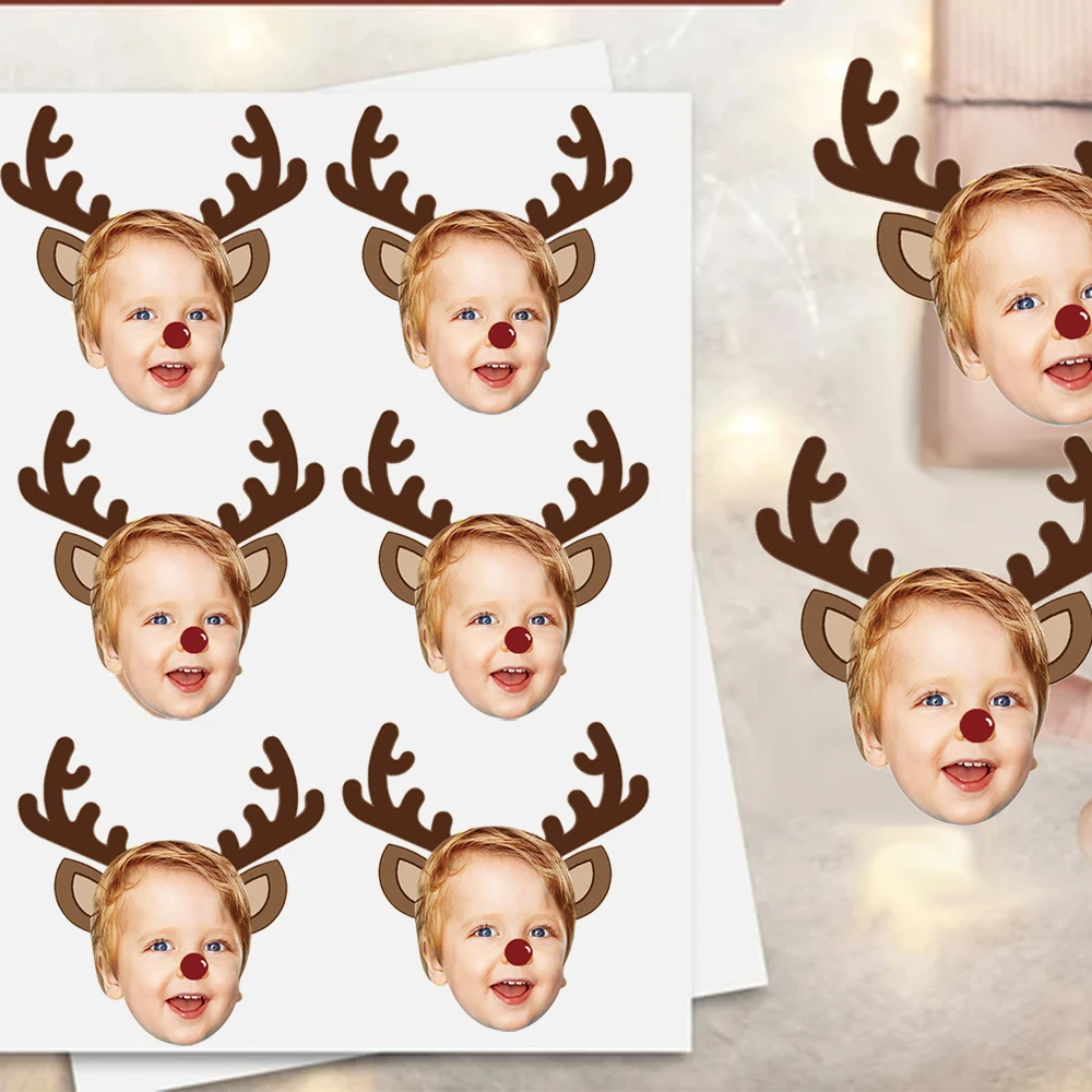 20/40 stücke Benutzerdefinierte Weihnachten Hirsch Gesicht Foto Papier Aufkleber Weihnachten Elch Siegel Label Geschenk Dekor Frohe Weihnachten Party Dekorationen