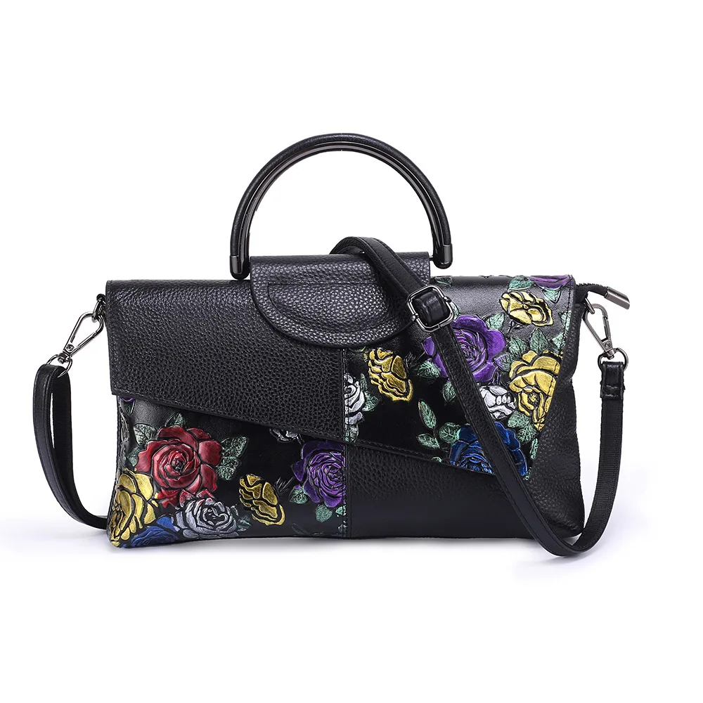 Floral Pattern Women Genuine Leather Tote Bag Vintage Ladies Cow Leather Handbag Luxury Cowhide Shoulder or Crossbody Bags