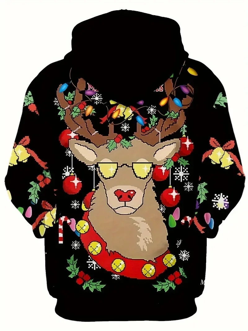 Christmas Holiday Reindeer Illustration 3D Printed Hooded Long-sleeved Sweatshirt for Men and Women Hooded Sweatshirts