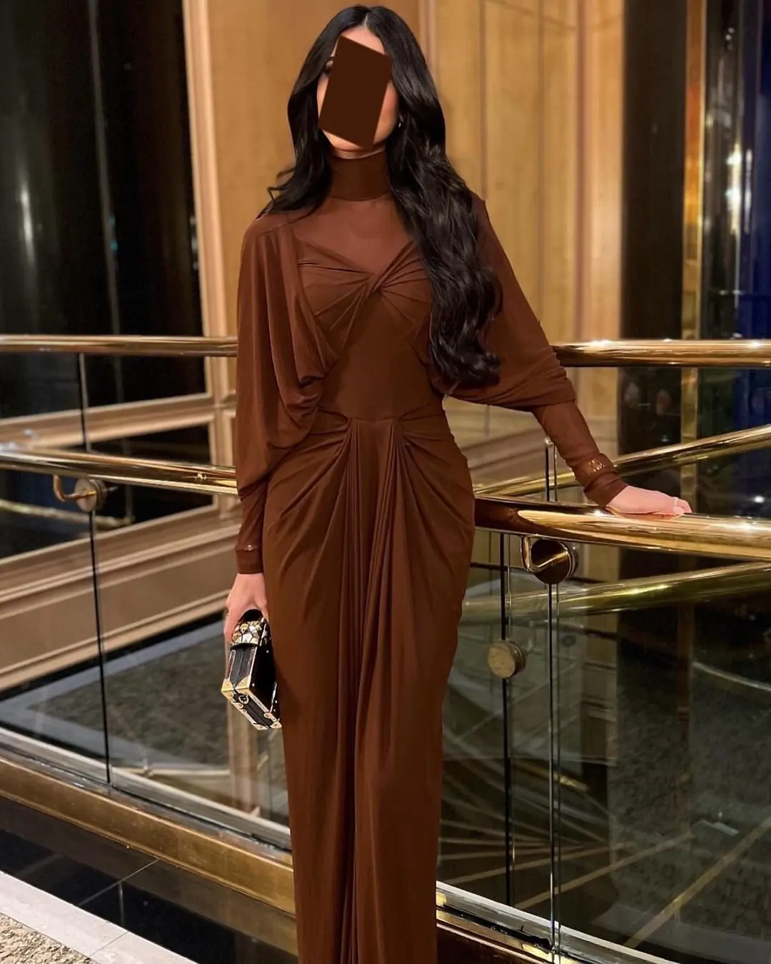 Customized Brown High Collar Mermaid Long Sleeves Evening Dress Classic and Elegant Off the Shoulder Spandex Party Gowns 2025