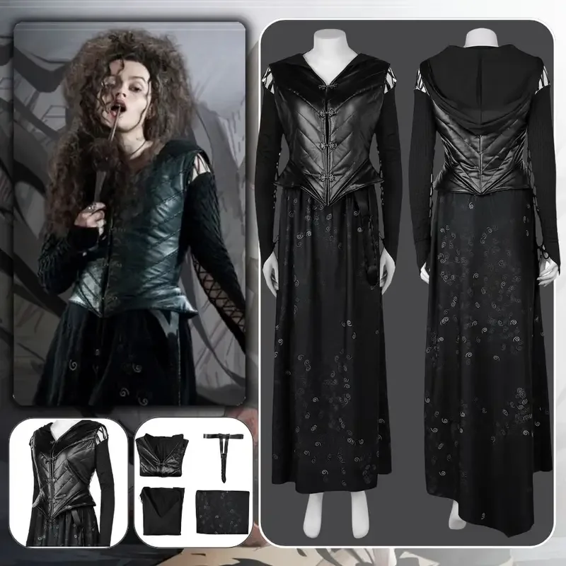 Bellatrix Lestrange Cosplay Fantasia Costume Disguise for Adult Women Black Dress Vest Outfits Halloween Carnival Party Clothes