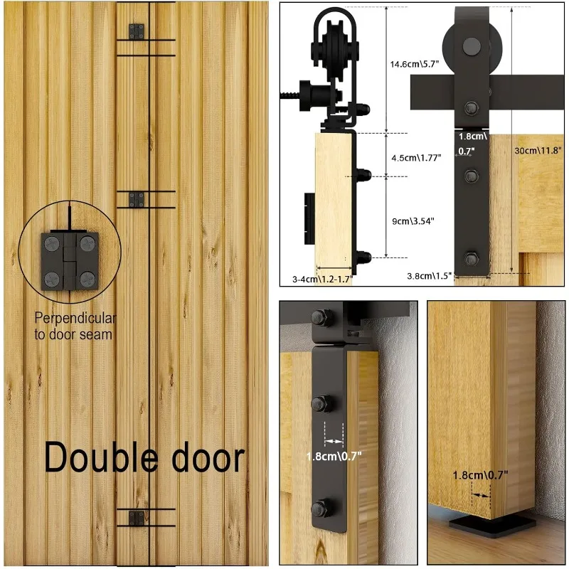 مجموعة أدوات باب الحظيرة المنزلقة ثنائية الطي مقاس 96 بوصة لبابين، تنزلق بسلاسة وهادئة، أسطوانة على شكل حرف J للمسار الأسود، بدون باب