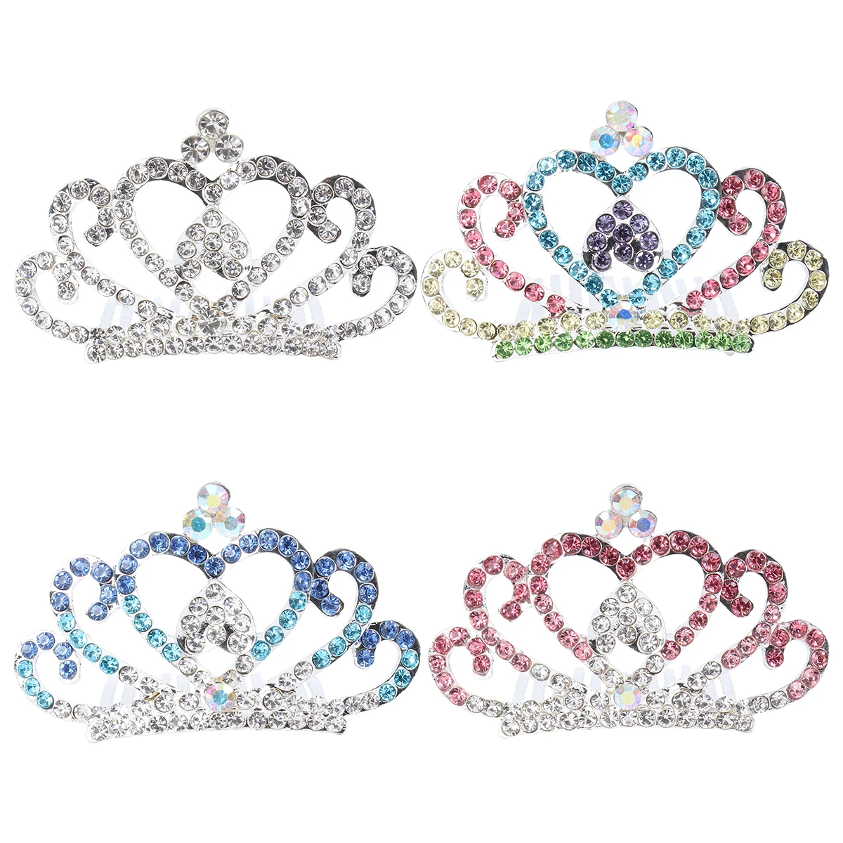 

4PCS Crystal Rhinestone Crown Hair Combs Silver Studded Headdress Birthday Party Accessories Colorful Kids Jewelry
