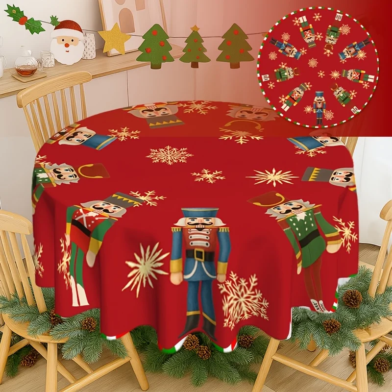 1-Pack Red Nutcracker Christmas Round Tablecloth, Party Christmas Home Decor