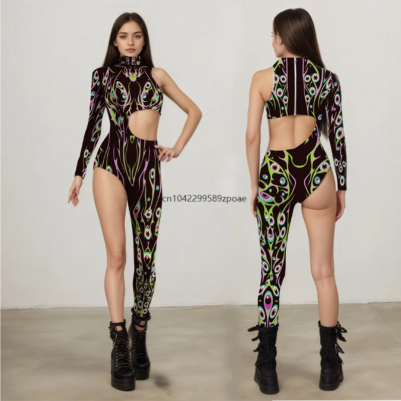 

Women Sexy Halterneck Multicolor Cosplay Jumpsuit Halloween Party Carnival Role Play Hollow Out Swimsuit Graffiti Art Bodysuit