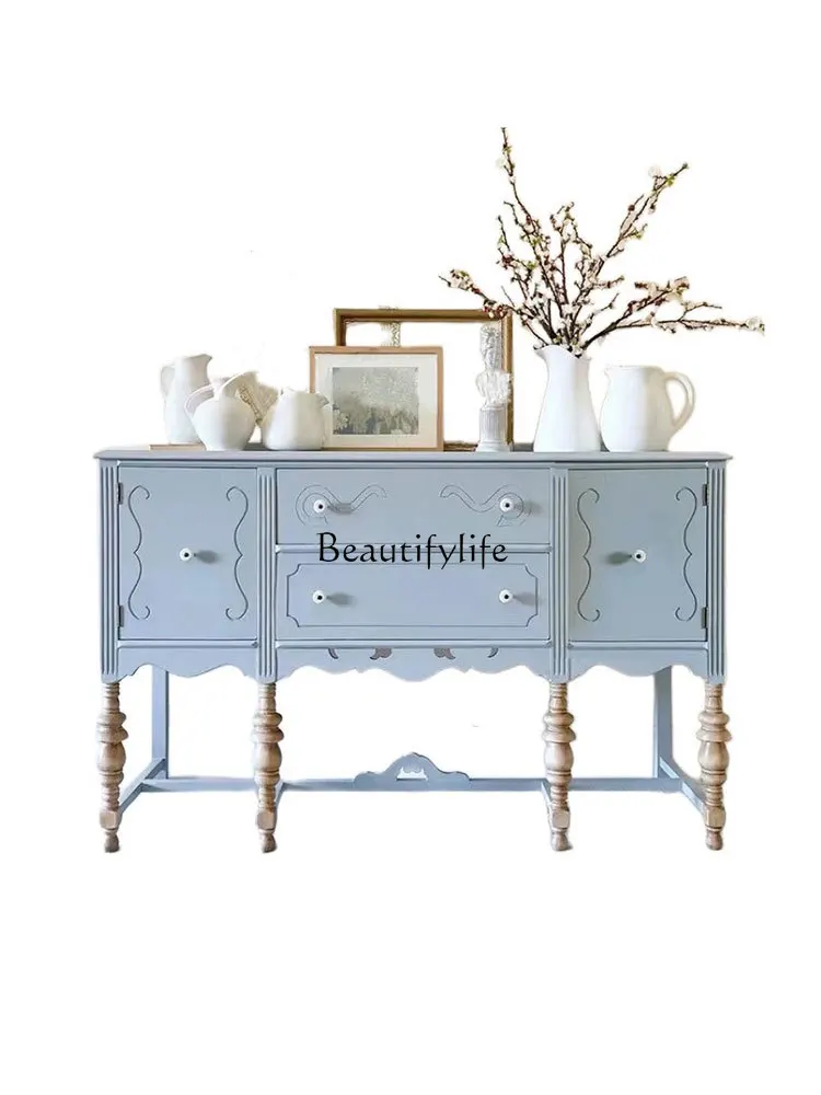 

French Solid Wood Sideboard American Vintage Engraving Blue Hallway Simple Living Room Storage Curio Cabinet