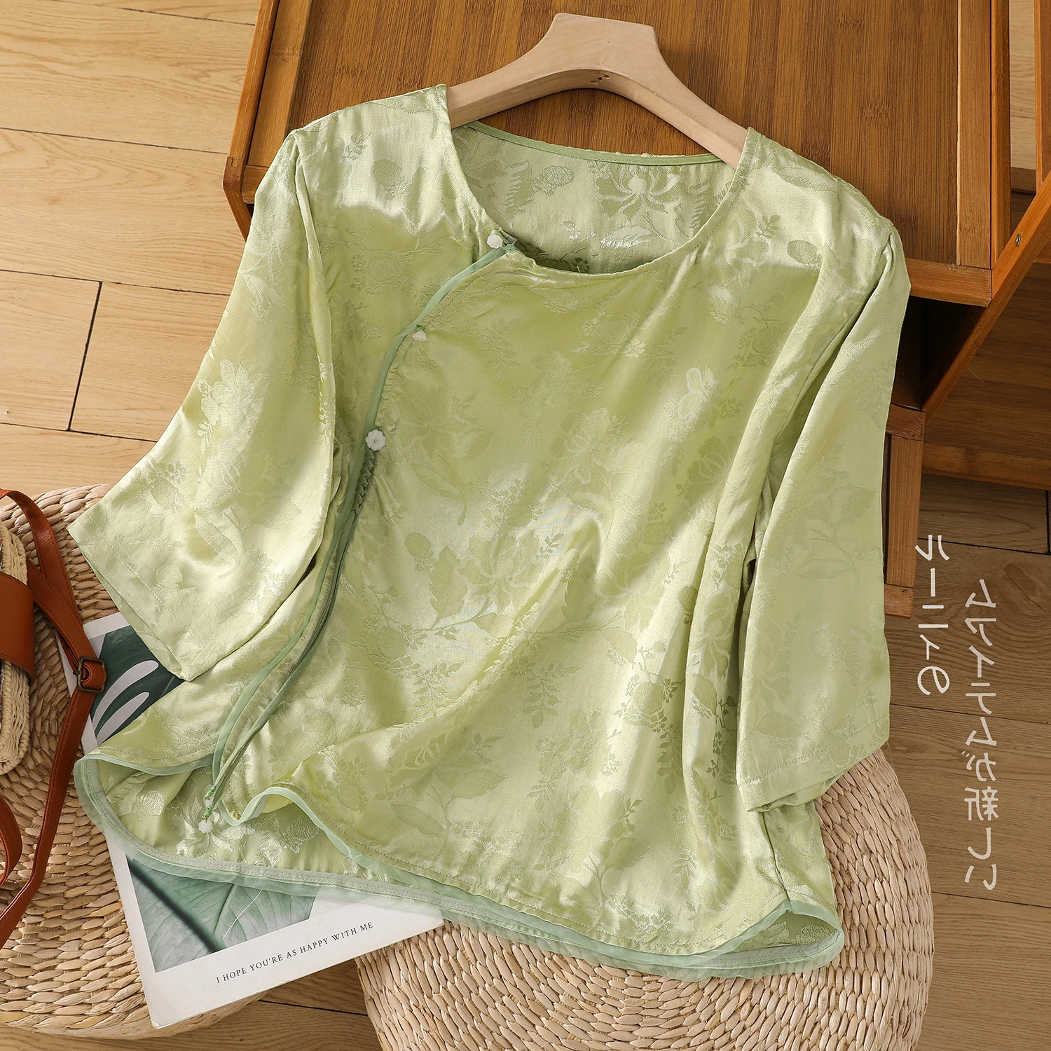 

New Chinese Sle Satin Floral Embroidery irt Women's Summer Elely Modified Tang Costume round Ne Small Top Artistic ...