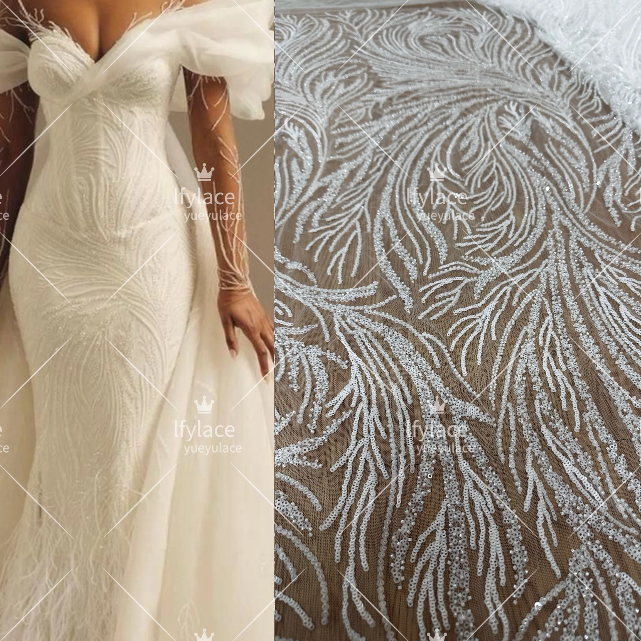 2024 Hot Style High Quality Unique Off White Wedding Gown Dress Lace Fabric  Sell by Yard