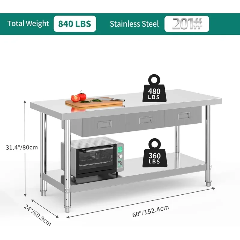 60 X 24 Stainless Steel Table with 3 Drawers