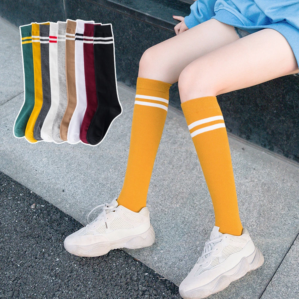 Long Knee High Socks Stockings Women Solid Colors Striped Casual Sports Warm Breathable Calf Socks Korean Fashion Japanese Style