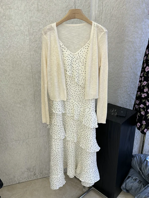 

Korean Gentle Style Halter Dress Set Spring Summer Layered Ruffle Polka Dot Knitted Cardigan Two Piece Set Women Fashion
