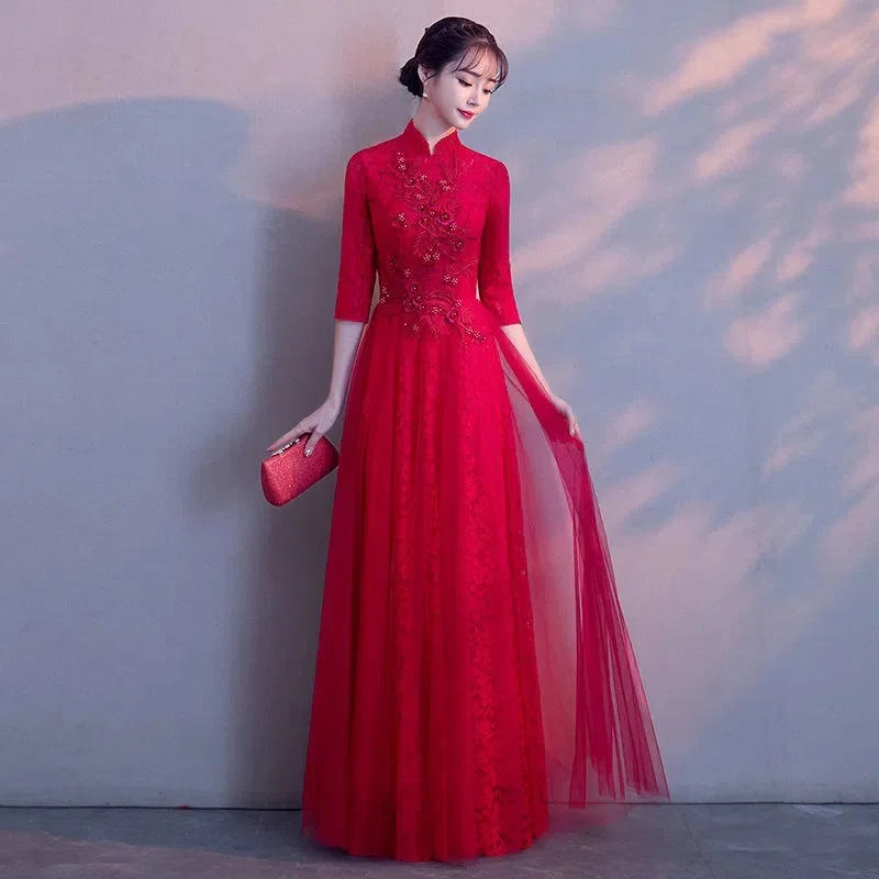 

Bride Toast Dress 2023 New Spring and Autumn Event Banquet Dress Long Red Knot Wedding Banquet Evening Dress M1019