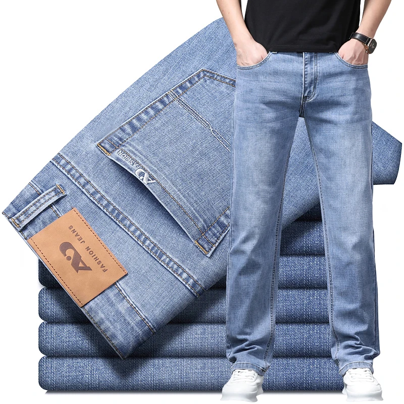 

2024 Spring Summer Thin Business Casual Cotton Jeans Male Men's Straight Slim Fit Versatile Stretch Denim Trousers Blue