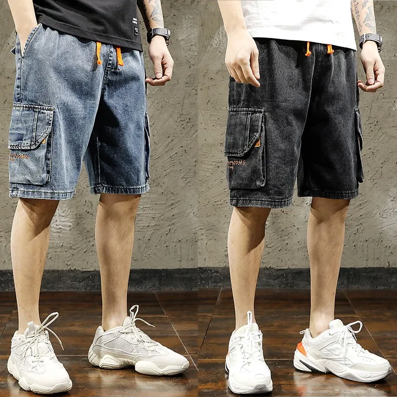 Men's Loose Fit Straight Leg Jeans Shorts Elastic Waist Workwear Casual Summer Fashion mid Waist No Stretch Youth Popular