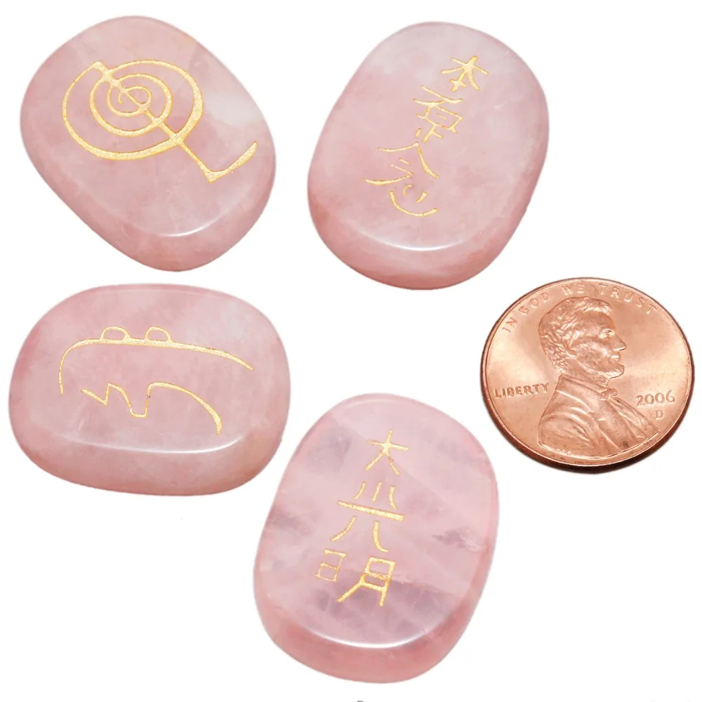 TUMBEELLUWA 4Pc/Set Healing Reiki Crystal Engraved Usui/Triangle/Angel/Tarot Symbols Oval Palm Stone Worry Stone