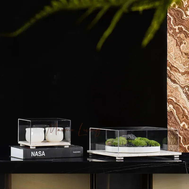 

Clear Acrylic Display Case with Travertine Base Dustproof Protection Showcase for Collectibles Figurines Cake Dessert