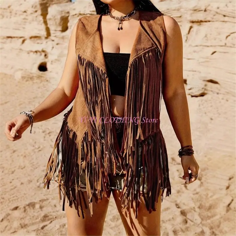 N5KF Chaleco con solapa y flecos para mujer, cárdigan sin mangas con borlas, Top occidental vaquera para ropa Hippie los