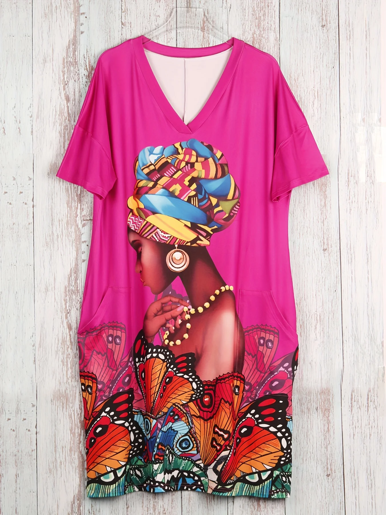 Plus Size Women Graphic Print T Shirt Dress, V Neck Short Sleeve Casual Loose Midi Dress with Pockets