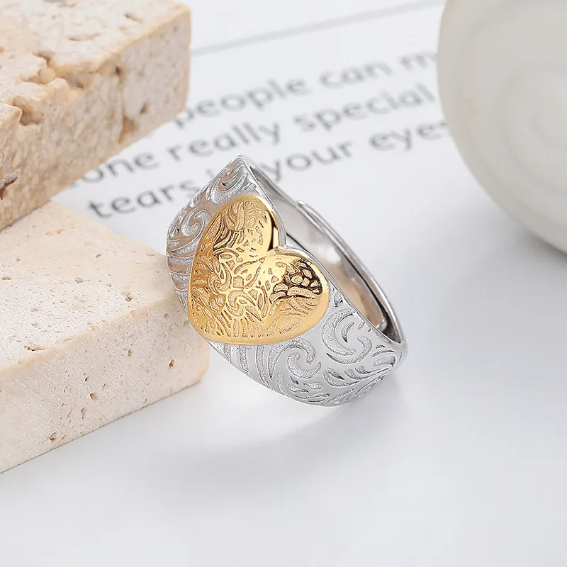 

GXGlint Винтажное серебряное кольцо Lucky Heart S925 с резным рисунком травы Тан и открытым дизайном для женщин
