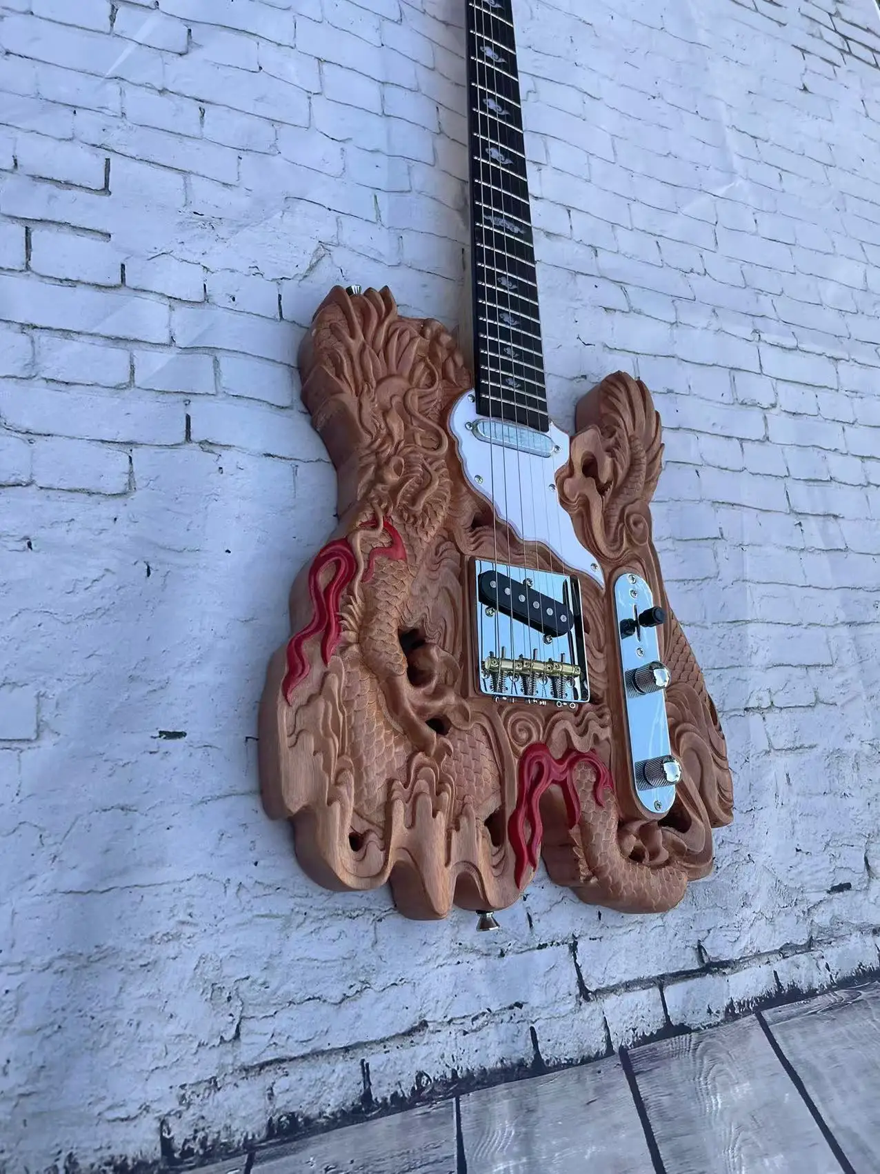 Electric guitar 6-chord TL dragon shaped carved electric guitar, with a natural wood color body and factory real shipping pictur