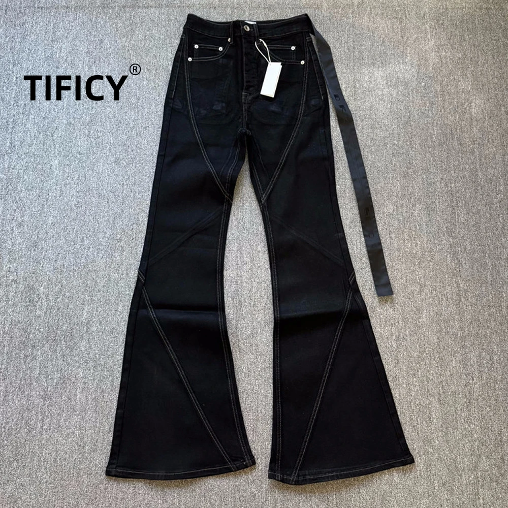 High Street RO 25ss Jeans Pants Men's Dark Style Spiral Splicing Brush Wax Micro Pull Floor Pants Black Elastic Denim Jackets