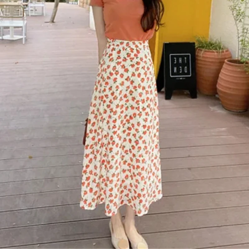 Women Clothing 2024 New Summer Stylish Floral Print High Waist Elegant Midi Skirts Female Casual Sweet Chic Pleated A Line Skirt