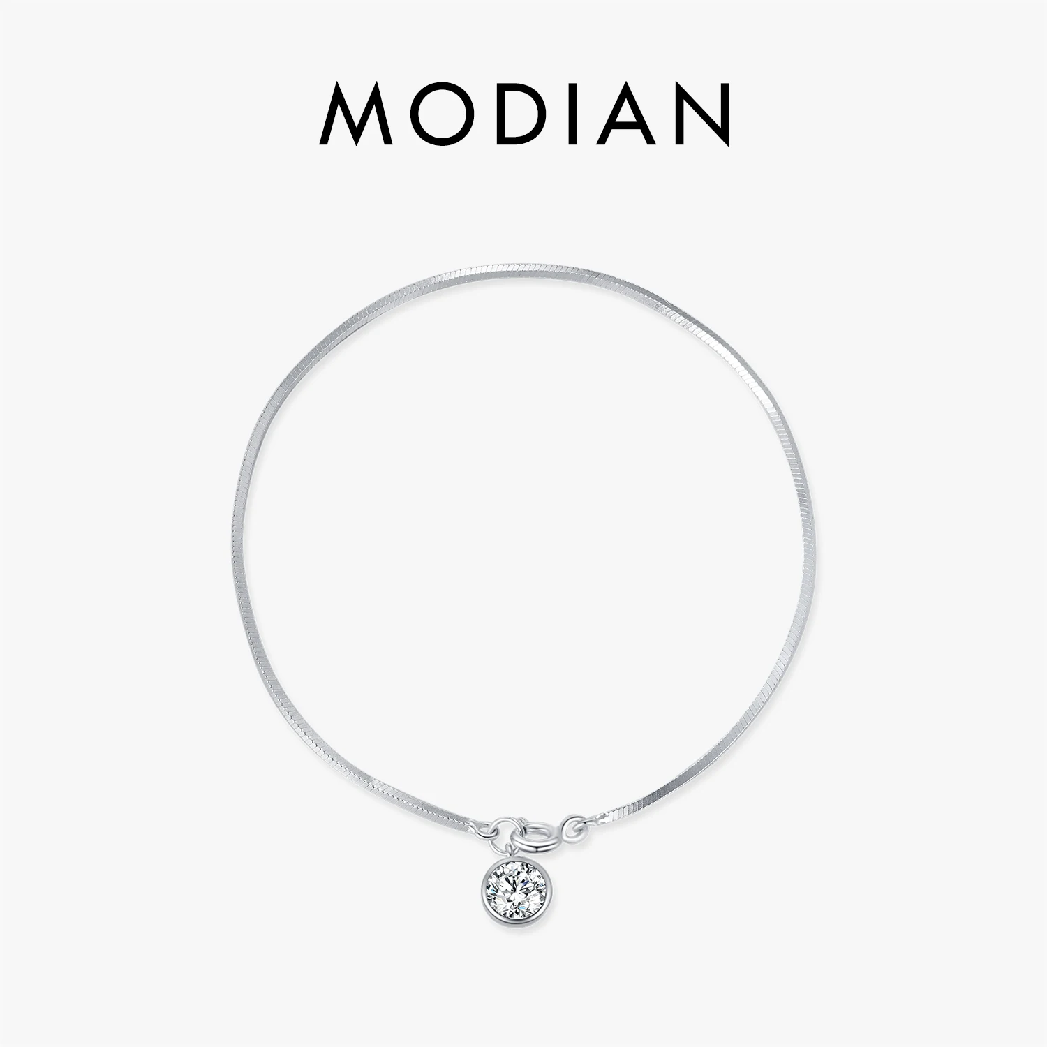 MODIAN 925 Sterling Silver Snake Chain Bracelet White Gold Sparkling Round CZ Charm Dainty Chain Bracelet for Women Jewelry