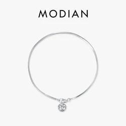 MODIAN 925 Sterling Silver Snake Chain Bracelet White Gold Sparkling Round CZ Charm Dainty Chain Bracelet for Women Jewelry