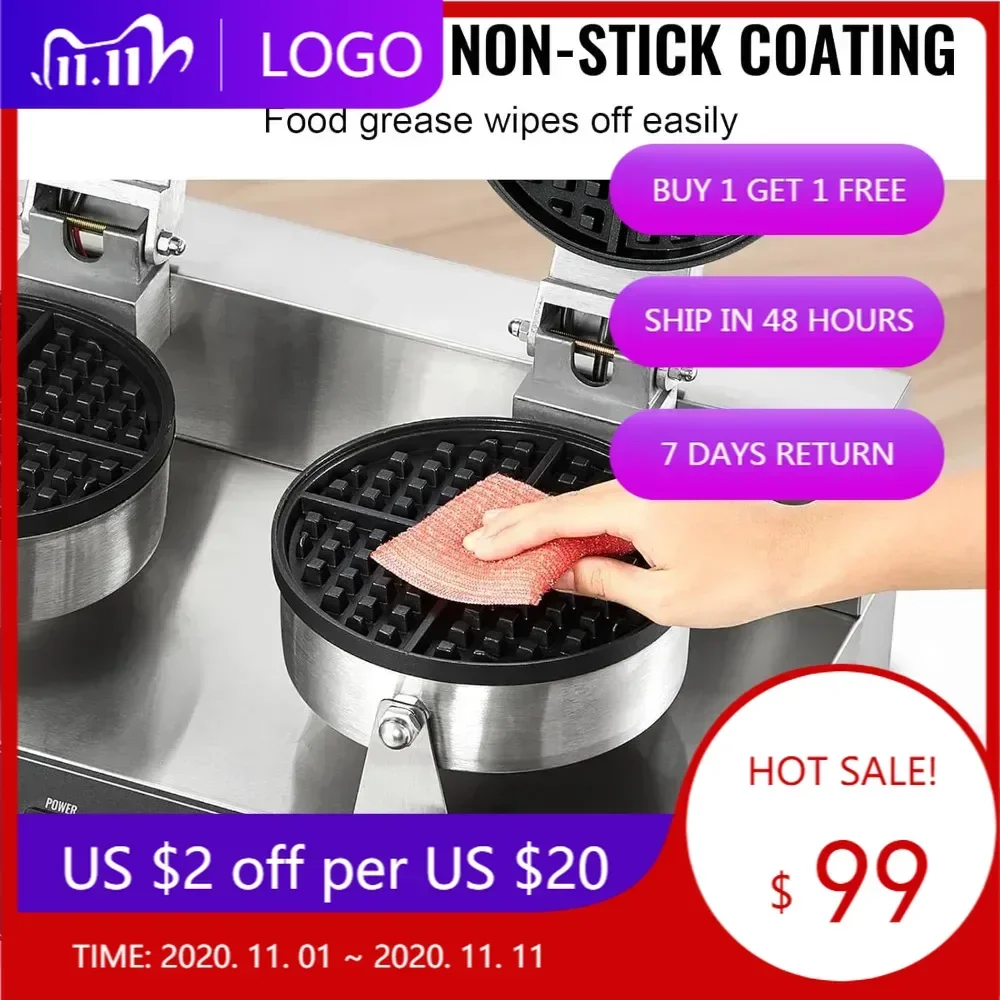 

VEVOR Dual-Head Waffle Maker, High-Power Stainless Steel Belgian Waffle Iron, 2460W Non-Stick Round Waffle Machine