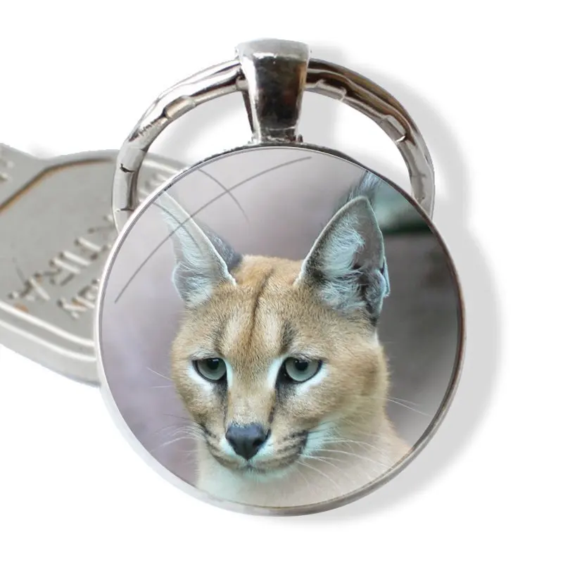 Keychain Glass Cabochon Metal Pendant Classic Men\'s Women\'s Keyring African Lynx Caracal Big Cat