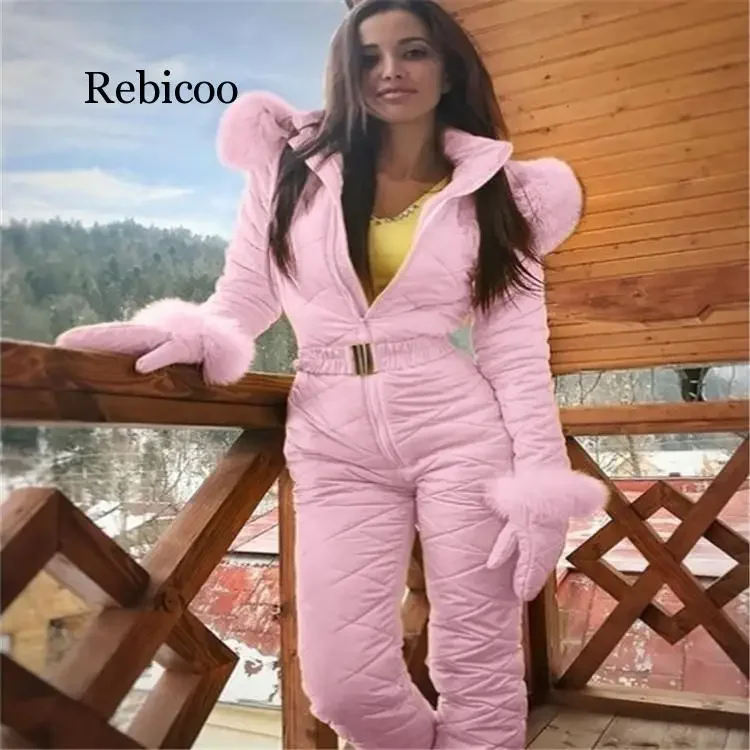 Fleece One Piece Ski Suit Women Snow Overalls Mountain Skiing Jumsuit Super Warm Winter Ski Jacket Pants Breathable Snow Set